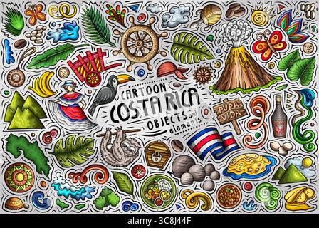Vecteur de dessin animé Costa Rica avec des animaux, des plantes, des plages, des volcans, de la culture et de la nourriture. Idéal pour les voyages, l'aventure, le tourisme et l'éco-conception Illustration de Vecteur