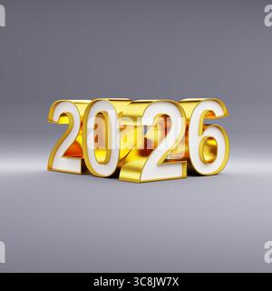 Chiffres dorés avec un noyau blanc construisant l'année '2026' sur un fond gris. Saint-Sylvestre, concept du nouvel an. Banque D'Images