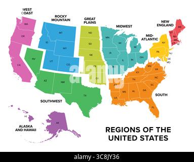 9 régions des États-Unis. Côte ouest, montagnes Rocheuses, grandes Plaines, Midwest, Mid-Atlantic, nouvelle-Angleterre, Alaska et Hawaï, Sud-Ouest et Sud. Banque D'Images
