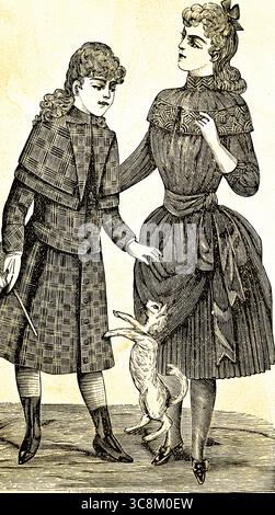 Fashons pour enfants pour mars 1889, deux filles, mode, époque victorienne, Angleterre, grande-Bretagne, illustration historique 1889 Banque D'Images