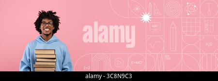 Étudiant engagé dans l'éducation avec des livres et des éléments créatifs en arrière-plan Banque D'Images
