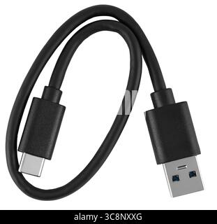 Câble avec connecteur USB et type-C, sur fond blanc dans l'isolation. Banque D'Images