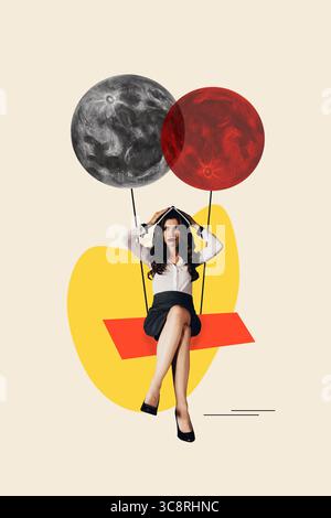 Croquis image tendance illustration montage photo 3D collage de métaphore folle moderne hallucinations jeune femme d'affaires assis swing Moon planète Banque D'Images