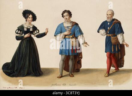 Illustration de costumes vintage par Eugène du Faget montrant une tenue de scène pour l'opéra William Tell de Gioachino Rossini. Laure Cinti-Damoreau dans le rôle de Mathilde, Adolphe nourrit dans le rôle d'Arnold Melchtal et Nicolas Levasseur dans le rôle de Walter Furst lors de la première à Paris en 1829. Banque D'Images