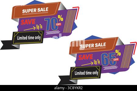 Conception de badge jaune et violet super vente avec vecteur de réduction de 70 pour cent pour les étiquettes de promotion Illustration de Vecteur