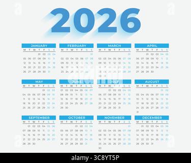 Calendrier 2026 - illustration. La semaine commence le lundi. Calendrier fixé pour 2026 ans Illustration de Vecteur