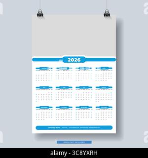 conception de calendrier 2026, ensemble de 12 mois. La semaine commence le lundi. Modèle de calendrier vertical 2026. Illustration de Vecteur