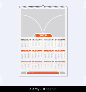 Calendrier 2026. La semaine commence le lundi. Format A3 prêt à imprimer. Définissez la conception du modèle de calendrier de bureau avec place pour la photo. Ensemble de 12 mois. Desi médical Illustration de Vecteur