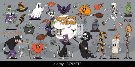 Dessins animés groovy personnages et symboles d'Halloween, vacances d'horreur vectorielle. Sorcière psychédélique, fantôme, squelette et monstres de mort. Rétro hippie groovy Halloween citrouille, chauve-souris, crâne, trick ou gâter des bonbons Illustration de Vecteur