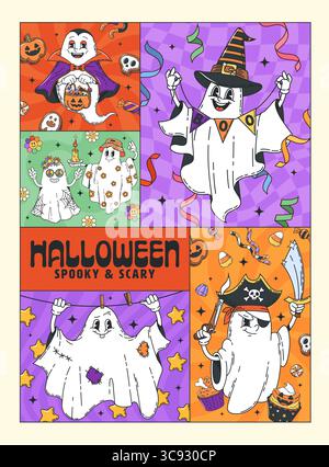 Affiches drôles de personnages groovy d'Halloween. Collage de dessins animés mettant en vedette de mignons fantômes dans des costumes de pirates, de sorcières et de vampires, entouré de décorations festives, de bonbons, de citrouilles avec une ambiance effrayante amusante Illustration de Vecteur