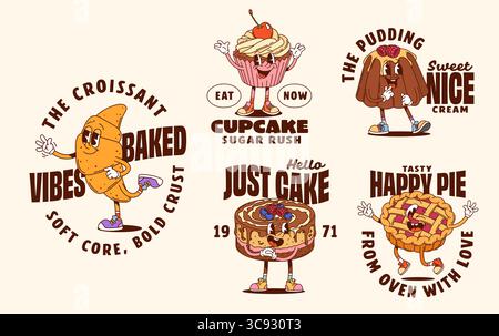 Imprimé t-shirt et affiches de personnages de dessert groovy. Croissants de vecteur de dessin animé fantaisiste, cupcake, pudding, gâteau et tarte y2k personnages de nourriture de boulangerie sucrée avec des visages souriants jumelés avec des slogans ludiques Illustration de Vecteur
