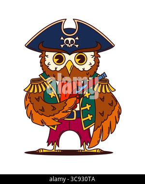 Animal pirate de hibou de dessin animé et personnage d'équipage de capitaine de navire corsaire portant un manteau marine, chapeau de tricorne et tenant un pistolet. Vecteur oiseau de hibou aventureux personnage swashbuckler, prêt pour les aventures maritimes Illustration de Vecteur