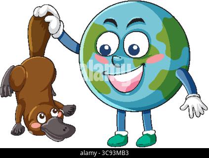 Dessin animé vectoriel d'un personnage de la Terre souriante tenant un ornithorynque ludique à l'envers, avec des contours audacieux, des couleurs vives et des expressions joyeuses Illustration de Vecteur