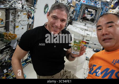 17 mars 2021 - atmosphère terrestre - expédition 64 les ingénieurs de vol MICHAEL HOPKINS de la NASA et SOICHI NOGUCHI de l'Agence japonaise d'exploration aérospatiale (JAXA) sont photographiés à l'intérieur du module de laboratoire Kibo de la Station spatiale internationale. Hopkins montre une chambre végétale contenant des plantes poussant pour l'étude Asian Herb in Space (AHiS). L'étude de botanique spatiale explore les moyens de cultiver des plantes à croissance rapide utilisées pour la médecine traditionnelle et l'arôme alimentaire. (Crédit image : © NASA/ZUMA Wire) Banque D'Images