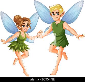 Deux fées aux ailes bleues et tenues vertes, rendues dans un style vectoriel vibrant, mettant en valeur des expressions ludiques et des poses dynamiques Illustration de Vecteur