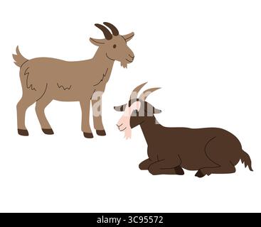 Illustration plate de deux chèvres dans des poses différentes, une debout et une couchée. Style de dessin animé simple avec des couleurs terreuses, idéal pour les livres pour enfants Illustration de Vecteur