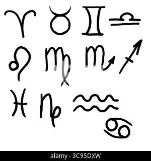 Signes du zodiaque, dessin croquis noir et blanc. Illustration vectorielle. Un dessin simple, symboles de signes d'horoscope, est isolé sur un fond blanc. Illustration de Vecteur