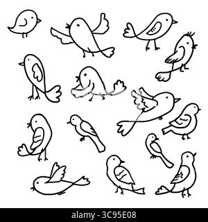 Petits oiseaux de différentes formes, dessin de croquis noir et blanc. Illustration vectorielle. Un dessin simple, des oiseaux, une stylisation du dessin d'un enfant Illustration de Vecteur