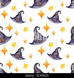 Modèle sans couture avec chapeaux de sorcière violets. Illustration aquarelle disposée dans un style répétitif ludique. Parfait pour les décorations d'Halloween, les tissus et Banque D'Images