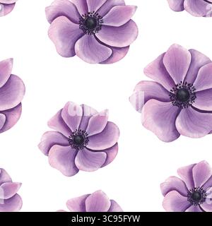 Modèle sans couture avec des fleurs d'anémone. Illustration botanique dessinée à l'aquarelle à la main pour papier peint, textile, papier d'emballage. Banque D'Images