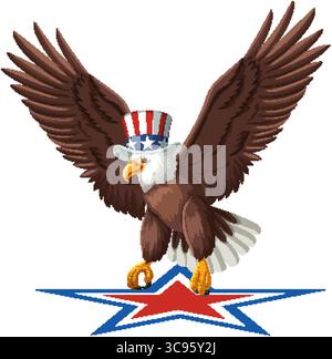 Illustration vectorielle d'un aigle chauve portant un chapeau à étoiles et rayures, atterrissant sur une étoile rouge et bleue Illustration de Vecteur