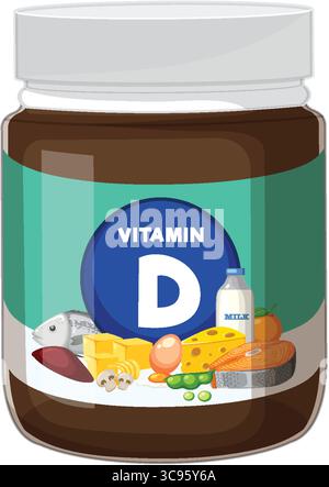 Illustration vectorielle d'un pot de supplément de vitamine d, mettant en évidence diverses sources alimentaires naturelles dans un style plat et coloré avec une composition propre Illustration de Vecteur