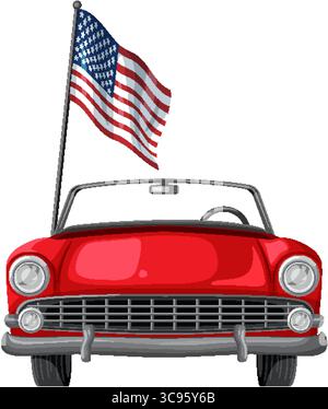 Illustration vectorielle d'une voiture cabriolet rouge vintage avec un drapeau américain. Des couleurs audacieuses et des lignes épurées créent une composition saisissante Illustration de Vecteur