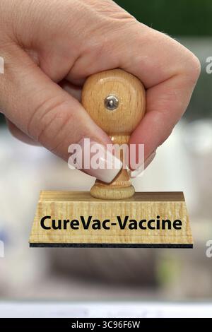 La main d'une femme tient un timbre en bois, inscription :, +, photographie de studio, République fédérale d'Allemagne Banque D'Images