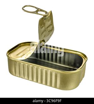 Boîte en étain rectangulaire ouverte vide isolée Banque D'Images