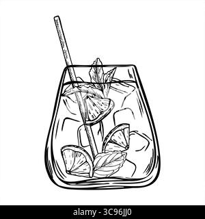 Verre avec citron tonique, glaçons et illustration vectorielle monochrome de tranche de citron. Dessin de gravure de boissons non alcoolisées à l'eau froide. Boire dans le gobelet f Illustration de Vecteur