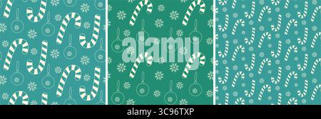 Ensemble de toile de fond à motif sans couture dessiné à la main, flocons de neige et boules d'arbre de Noël rayés à la canne à sucre. Illustration vectorielle isolée de Noël voeux de fond dépliants, affiche, emballage, étiquette Illustration de Vecteur