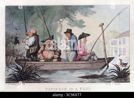 Un drôle humoristique du XIXe siècle de patience dans une gravure couleur à la main punt 1811 sur papier vintage créé par Thomas Rowlandson d'après Henry William Bunbury antique art imprimé. L'œuvre représente une scène de loisirs et de pêche à la ligne, avec des gens dans un bateau punt sur une rivière Banque D'Images