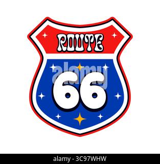 États-Unis route 66 rétro autocollant ou étiquette Y2K. Autocollant vectoriel vintage des États-Unis d'Amérique, patch rétro des couleurs du drapeau des États-Unis. Étiquette Y2K patriotique américaine ou étiquette avec panneau routier américain Illustration de Vecteur