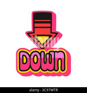 Flèche vers le bas jeu de casino Y2K Groovy autocollant ou symbole vintage. Jeu de Paris d'argent Y2K autocollant vectoriel, patch rétro de chance de jeu de poker. Étiquette du jackpot Casino avec flèche vers le bas ou pointeur et typographie Illustration de Vecteur