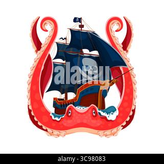 Bateau pirate de dessin animé dans des tentacules de poulpe. Emblème vectoriel nautique héraldique avec galion corsaire avec voiles noires entourées de tentacules géants de kraken rouge, évoque la bataille maritime mythique dans la tradition fantastique Illustration de Vecteur
