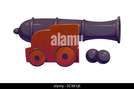 Arme à canon pirate de bande dessinée avec un canon sombre monté sur une base à roues en bois, accompagnée de deux boulets de canon noirs. Pistolet d'artillerie en fer vectoriel, ancien outil de navire prêt pour l'attaque et la défense à bord Illustration de Vecteur