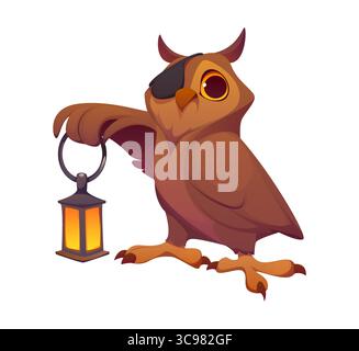 Capitaine de personnage pirate oiseau de bande dessinée hibou et marin corsaire portant un cache-oeil et tenant une lanterne. Isolé vecteur oiseau hibou aventureux personnage swashbuckler, prêt pour les aventures maritimes Illustration de Vecteur