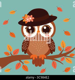 Chouette d'automne dans le chapeau sur l'illustration vectorielle plate de branche d'arbre. Illustration de Vecteur