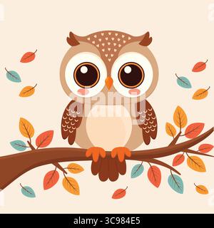 Hibou de style plat avec feuilles d'automne illustration vectorielle. Illustration de Vecteur