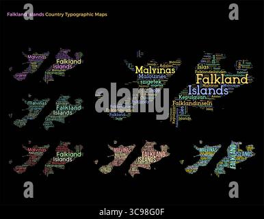 Malouines. Ensemble d'illustrations de pays de style typographique. Création de forme de carte des Malouines des noms de pays horizontaux et verticaux. Illustration vectorielle. Illustration de Vecteur