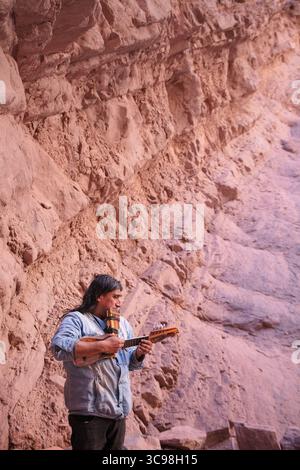 Musicien local jouant du charango et de la flûte pan à l'intérieur de l'amphithéâtre de la Quebrada de las Conchas à Salta, au nord-ouest de l'Argentine. Banque D'Images