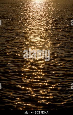 Les étincelles dorées du soleil se reflètent sur l'eau ondulante au coucher du soleil, créant une scène chaleureuse, tranquille et atmosphérique de beauté naturelle. Banque D'Images