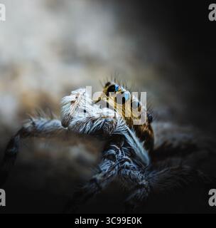 Macro gros plan extrême d'une araignée sautante avec des yeux noirs vifs et des jambes poilues. Texture détaillée, éclairage et faible profondeur de champ Banque D'Images