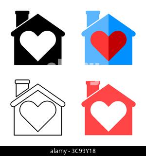 Maison colorée avec coeur. Un ensemble de quatre icônes de la maison, chacune avec un symbole de coeur proéminent au centre, transmettant les thèmes de la maison, de l'amour et des soins. Illustration de Vecteur