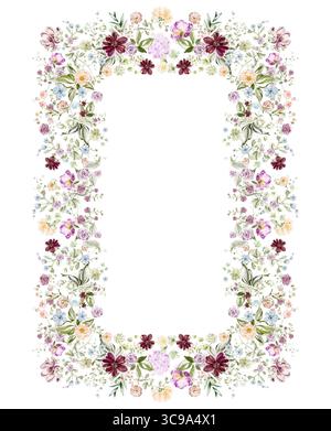 Cadre aquarelle complexe avec petit jasmin, roses et pivoines. Bordure florale rectangulaire pour invitation de mariage, carte de voeux, modèle, botanica Banque D'Images