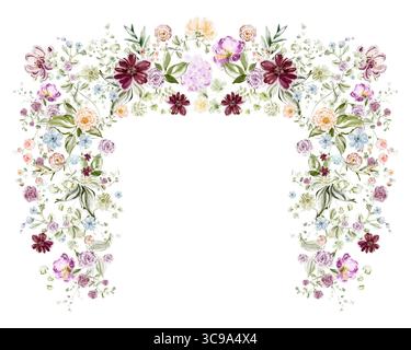 Cadre aquarelle complexe avec petit jasmin, roses et pivoines. Bordure florale rectangulaire pour invitation de mariage, carte de voeux, modèle, botanica Banque D'Images