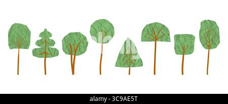 Ensemble d'arbres rétro fabriqués avec des textures de papier et de carton froissé et déchiré. Formes coupées à main levée pour les enseignes autocollantes de l'école, de la maternelle ou de l'écologie Illustration de Vecteur