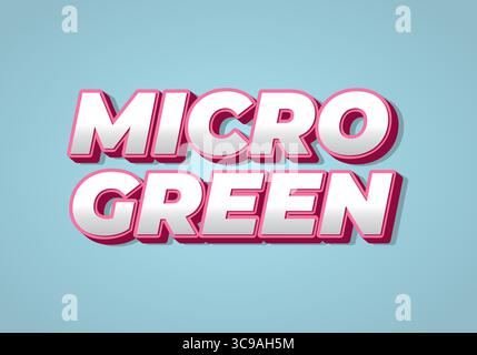 Texte graphique stylisé comportant les mots MICRO GREEN en caractères gras tridimensionnels avec un contour rose sur fond bleu clair. Illustration de Vecteur