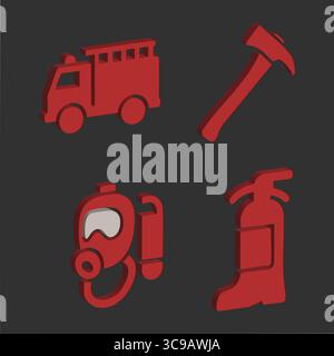 Icônes rouges et sombres d'une veste de protection, d'une radio portative, d'un appareil respiratoire et de bottes d'aiguillage. Illustration de Vecteur