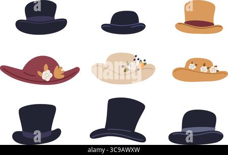 Chapeaux vintage pour femmes et hommes. Accessoires de tête. Cylindre et panama. Collection tendance. Vêtements bowling vintage élégants. Trilby classique. Rétro Clothi Illustration de Vecteur